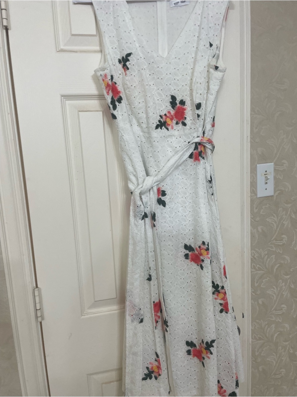 Calvin Klein White Eyelet Maxi Dress with Pink & Coral Floral Print